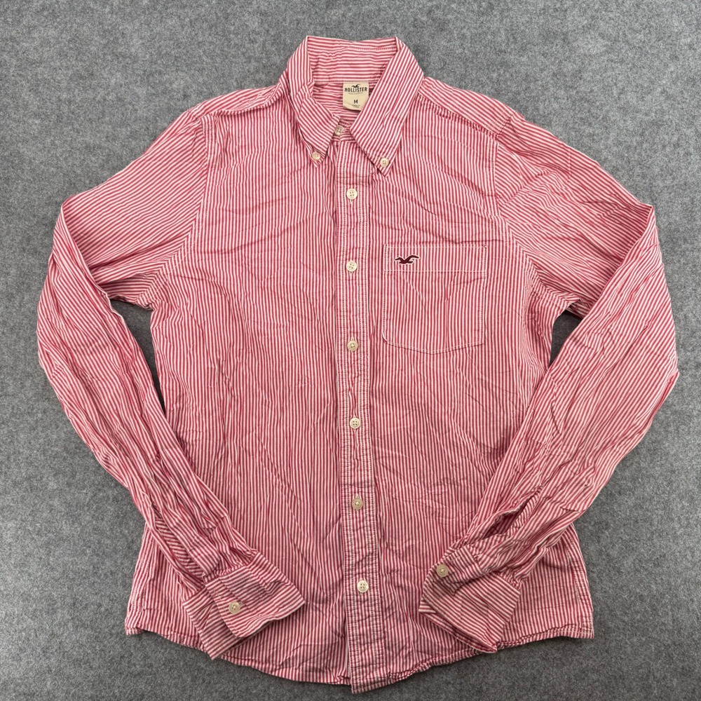 Y2K Hollister Button Down Mens M Red White Striped Long Sleeve Cotton EUC